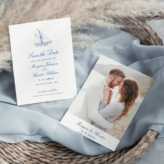 Sailboat Elegant Navy Blue Wedding Photo Save The Date