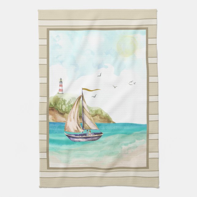 Sailboat in a Turquoise Ocean Kitchen Towel (Vertical)