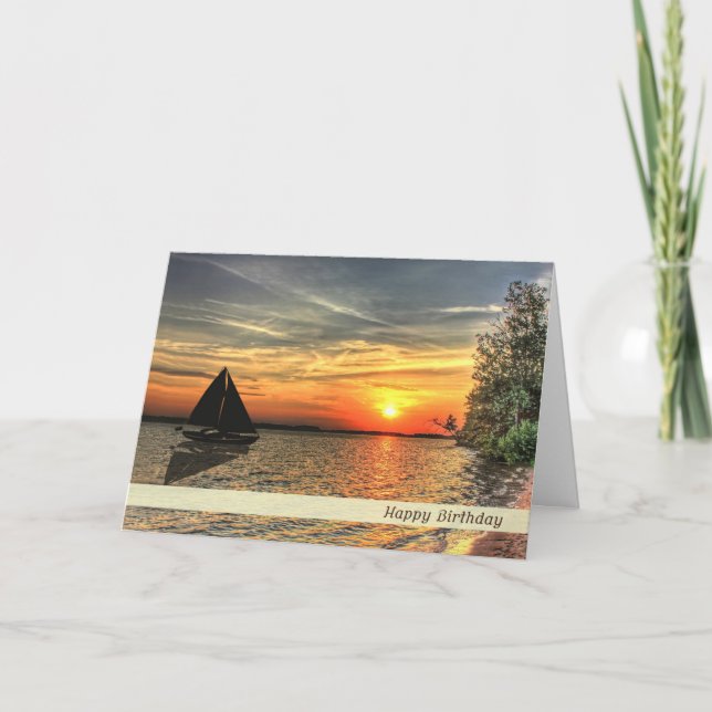 Sailboat in Front of a Sunset Happy Birthday Card (Front)