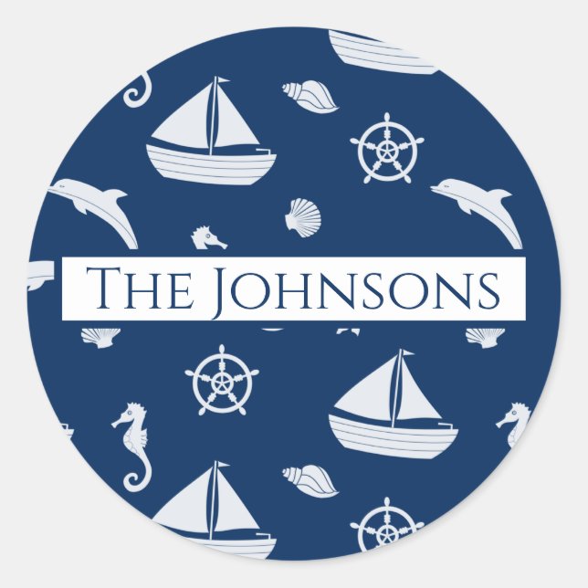 Sailboat & Marine Life Pattern Classic Round Sticker (Front)