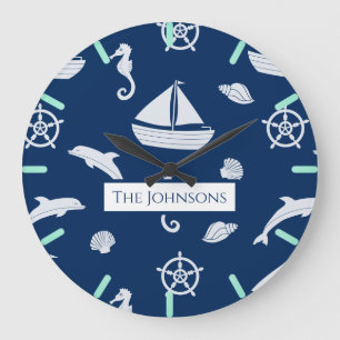 Sailboat & Marine Life Pattern Large Clock