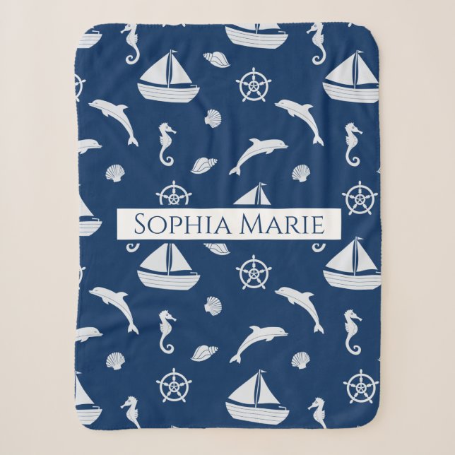 Sailboat & Marine Life Pattern Sherpa Blanket (Front)