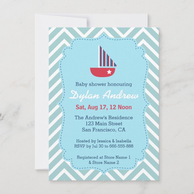 Sailboat Nautical baby shower, Blue Chevron Invitation (Front)