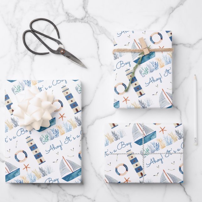 Sailboat Nautical Baby Shower Wrapping Paper Sheet (Front)