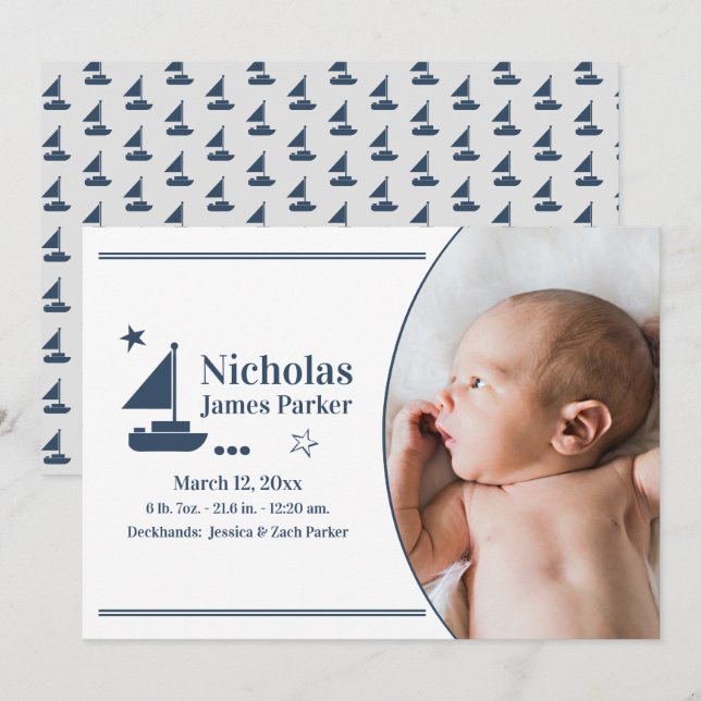 Sailboat Nautical Birth with Photo Announcemen Invitation (Front/Back)