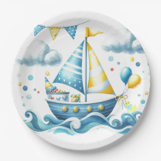Sailboat Nautical Blue Baby Shower Paper Plate