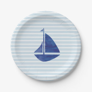 Sailboat Nautical Ocean Blue Stripe Paper Plate