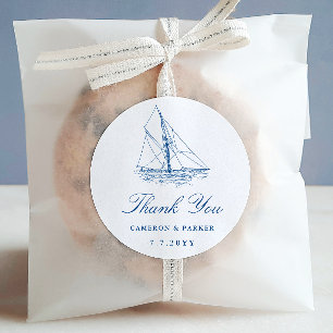 Sailboat Navy Blue Thank You Wedding Favour Classic Round Sticker