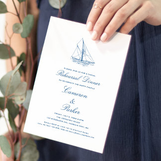 Sailboat Navy Blue Wedding Rehearsal Dinner Invitation