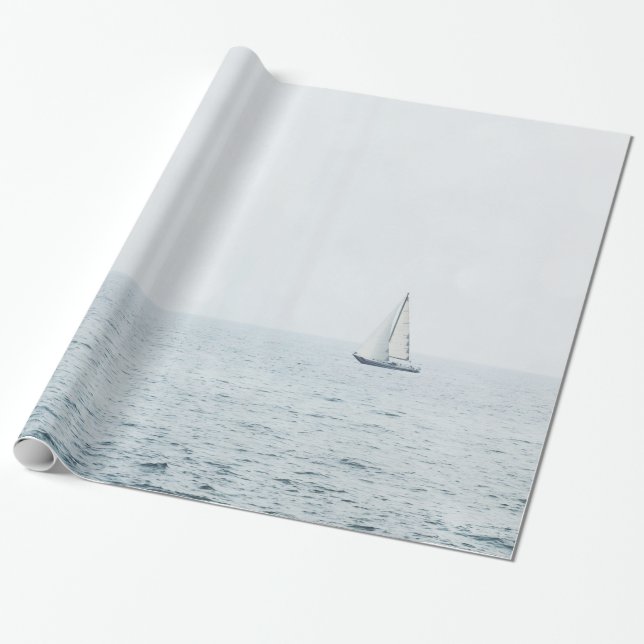 Sailboat on Misty Blue Ocean Sail Boat Sailing Wrapping Paper (Unrolled)
