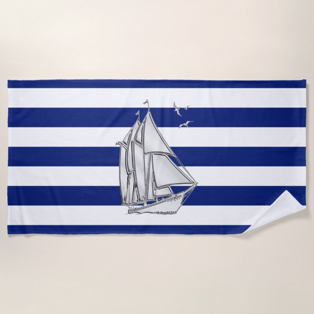 Sailboat on Nautical Navy Stripes Decor Beach Towel (Front)
