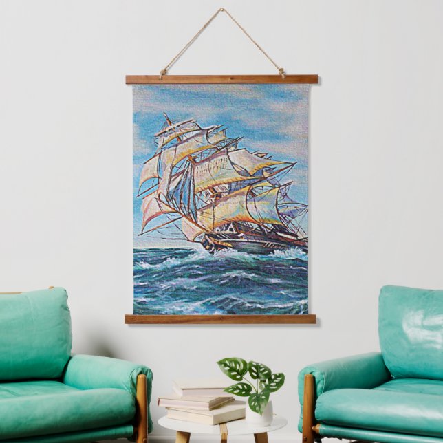 Sailboat on Rough Sea Waters 26x36 Hanging Tapestry (Living Room)