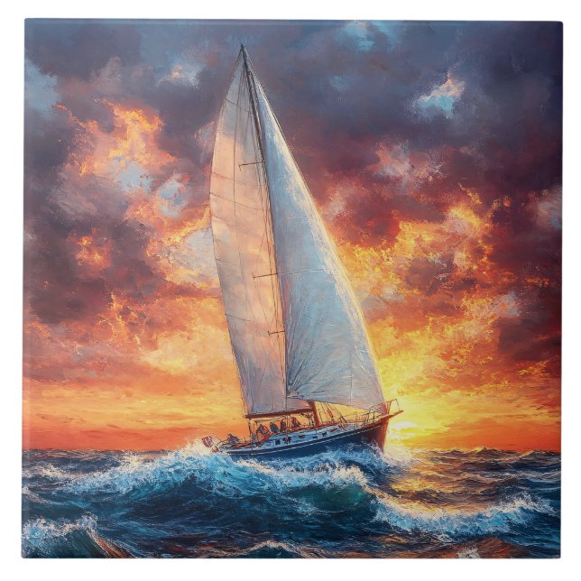 Sailboat on Rough Seas Painting Tile (Front)