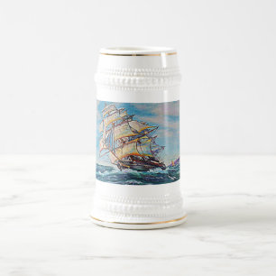 Sailboat on Rough Waters Oil Painting Beer Stein
