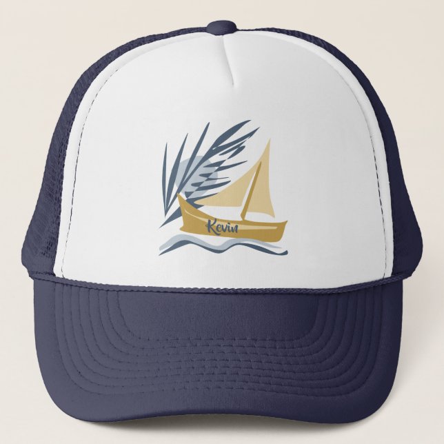 Sailboat on the background of the moon and palm tr trucker hat (Front)