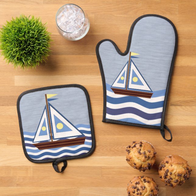 Sailboat Oven Mitt & Pot Holder Set (Top Down)