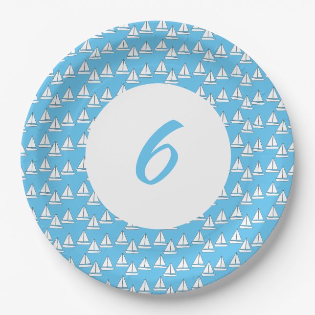 Sailboat Party Sixth Birthday Paper Plate (Front)