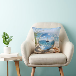 Sailboat Reflection In Glass Sphere Throw Pillow