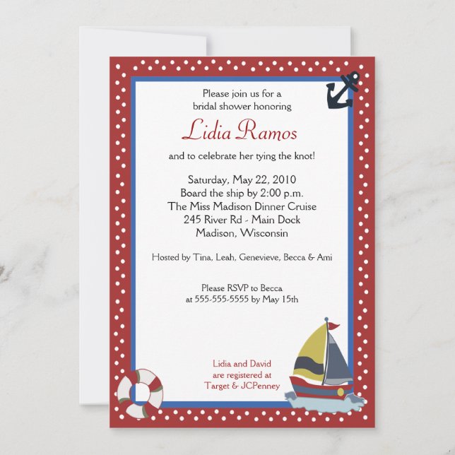 Sailboat Sailing Nautical 5x7 Bridal Shower Invite (Front)