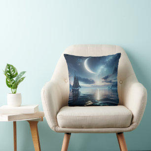 Sailboat Sailing on Moonlit Water Throw Pillow