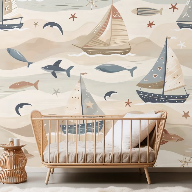 Sailboat Seamless Pattern | Neutral Tones Kids Wallpaper (Creator Uploaded)