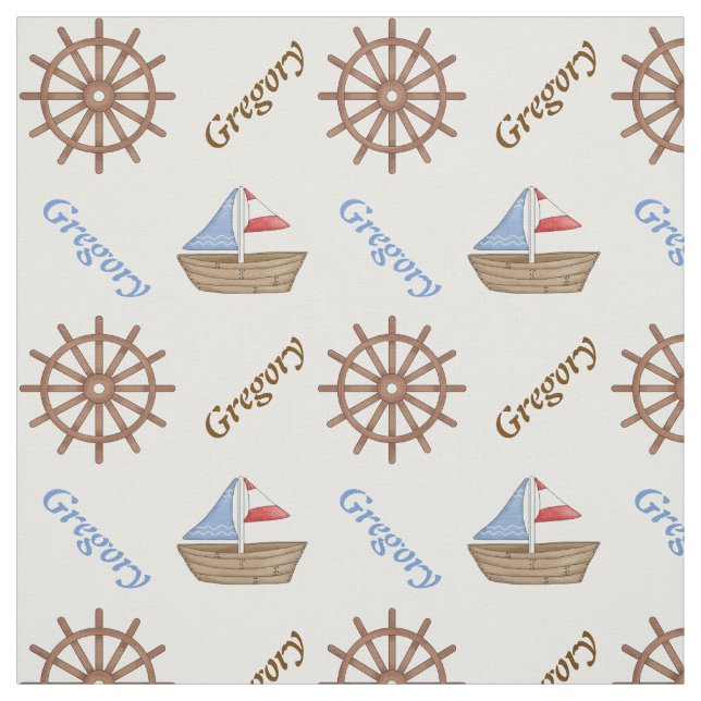Sailboat & steering wheel nautical personalized fabric (Swatch)