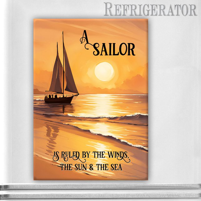 Sailboat Sunset Citation personnalisée Magnet (Rectangle nautical magnet featuring a painting of a sailboat on the ocean at sunset - with quote)