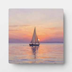 Sailboat Sunset Watercolor Seascape Plaque