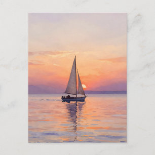 Sailboat Sunset Watercolor Seascape Postcard