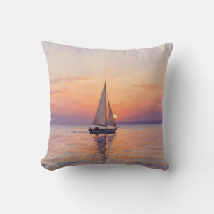 Sailboat Sunset Watercolor Seascape Throw Pillow