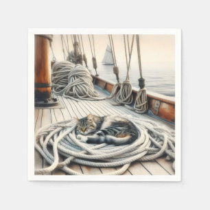 Sailboat Tabby Cat Sleeping On Ropes Napkin