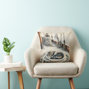 Sailboat Tabby Cat Sleeping On Ropes Throw Pillow