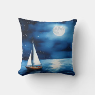 Sailboat Under a Full Moon Throw Pillow