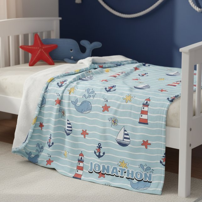 Sailboat, Wave and Whale Pattern ID1228 Fleece Blanket (Creator Uploaded)