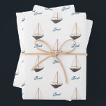 Sailboat Wedding Nautical Birthday Baby Shower Wrapping Paper Sheet<br><div class="desc">This darling custom gift wrap makes such a classic presentation for your special little one. Perfect for a first birthday, baby shower, or birthday party for your little sailor. Customize with their name, or clear the name for a clean, classic look you can keep in your collection for the perfect...</div>