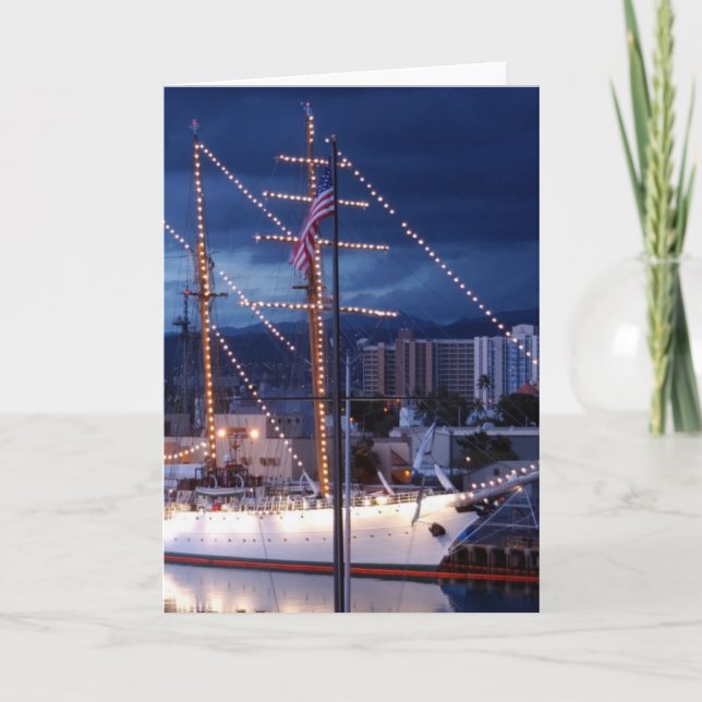 Sailboat with Decorative Lights Holiday Card (Front)
