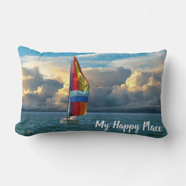 sailboat with rainbow spinnaker on water lumbar pillow (Front)