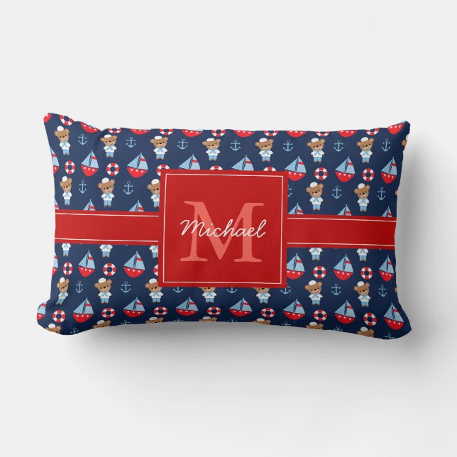 Sailboats and Bears Pattern Monogrammed Lumbar Pillow (Front)