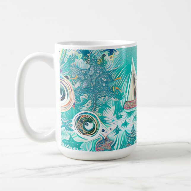 Sailboats and Sea Creatures Abstract Beachy Art Coffee Mug (Left)