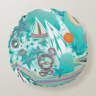 Sailboats and Sea Creatures Abstract Beachy Art Round Pillow