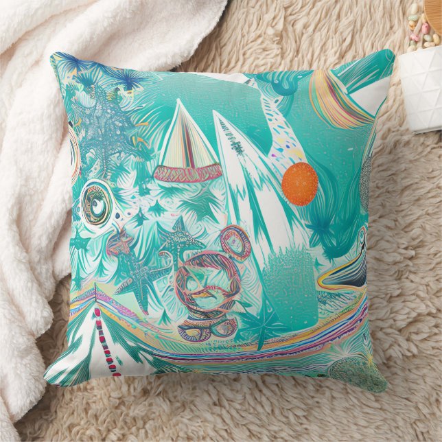 Sailboats and Sea Creatures Abstract Beachy Art Throw Pillow (Blanket)