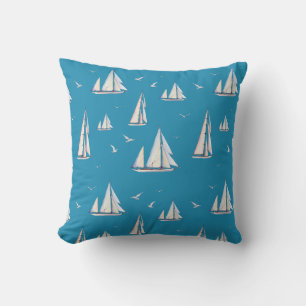 Sailboats and Seagulls on Aqua Throw Pillow