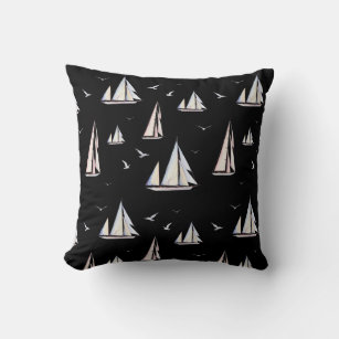 Sailboats and Seagulls on Black Throw Pillow