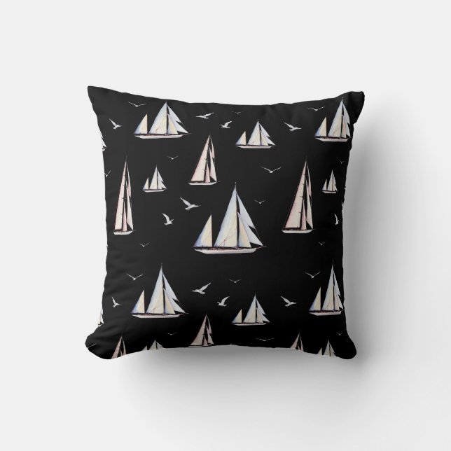 Sailboats and Seagulls on Black Throw Pillow (Front)