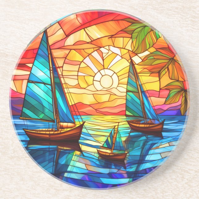 sailboats and sunsets stained glass art coaster (Front)