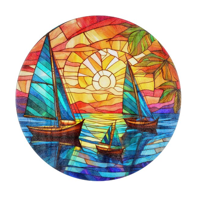 sailboats and sunsets stained glass art cutting board (Front)