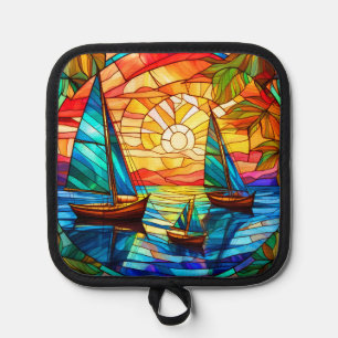 sailboats and sunsets stained glass art pot holder