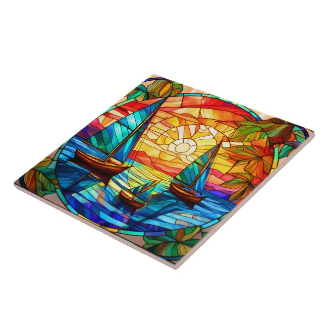 Sailboats and sunsets Stained glass art Tile (Side)