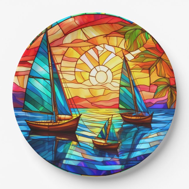 Sailboats at sunset paper plate (Front)