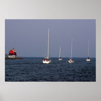 Sailboats down The Grand Haven Channel Poster
